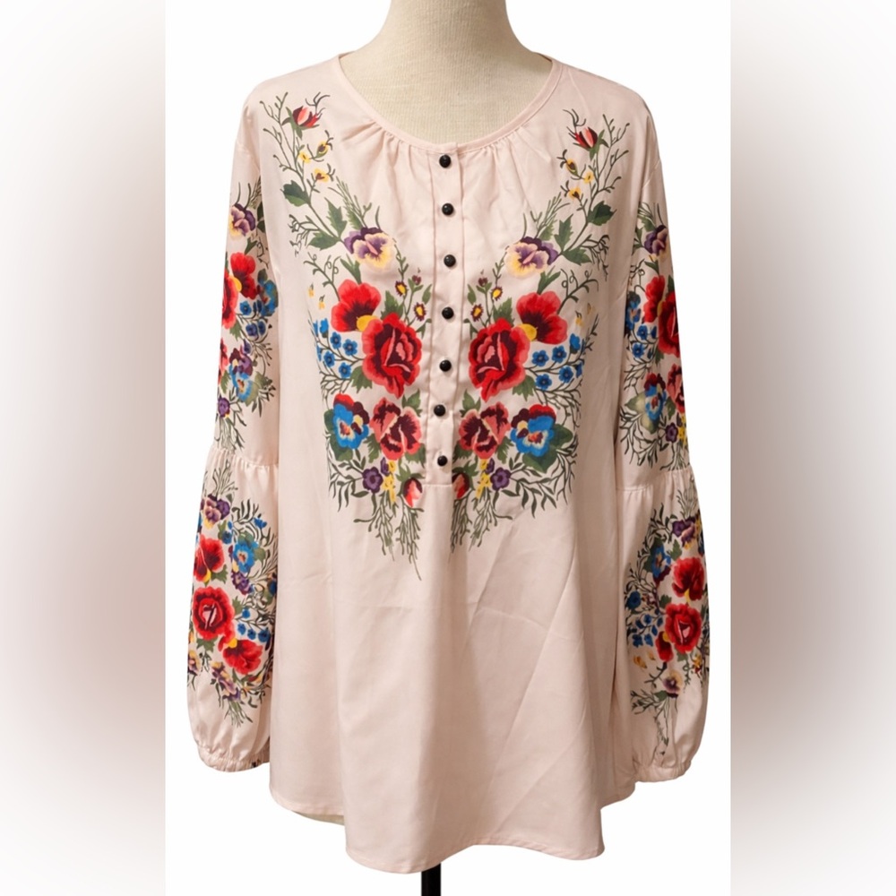 Women’s XXL Boho Floral Blouse Pink | Long Sleeve Embroidered Tunic Top